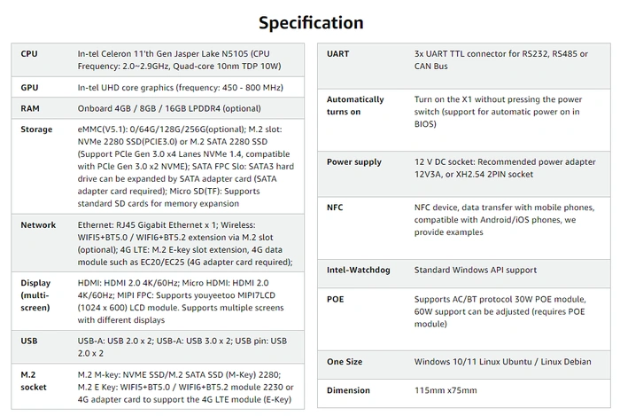 X1 X86 single board computer specifications