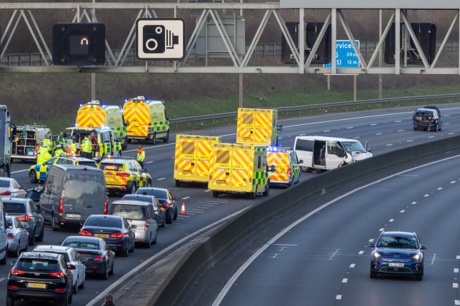 UNITED KINGDOM, London 09/03/2024: Multiple ambulances are seen attending a major collision on the M25 this morning, Saturday, counterclockwise between J21 & J22 London Colney. Herts Police have advised motorists to avoid the area. Credit: Toby Shepherd / Story Picture Agency